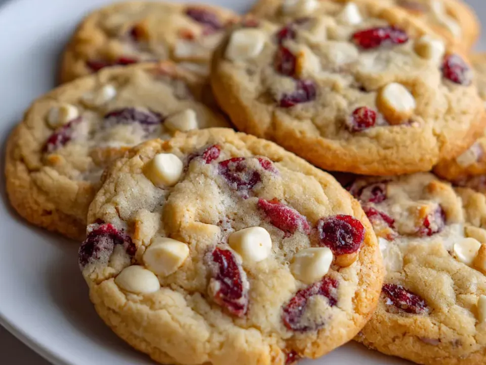 Round golden cookies studded with white chocolate chips and dried cranberries