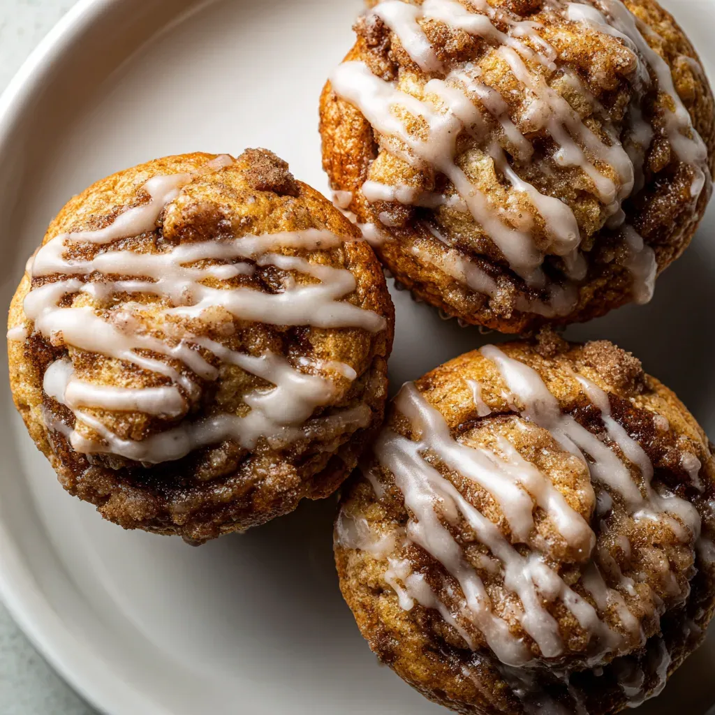 Overhead view of three cinnamon crumb muffins drizzled with white glaze on a white plate