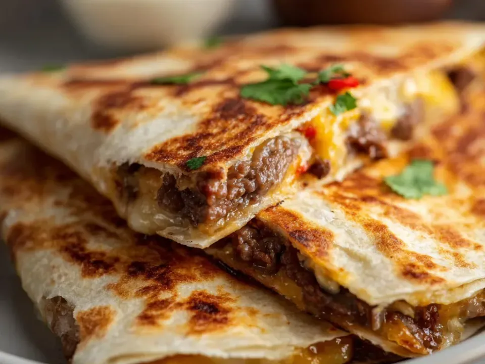 Crisp griddle-marked flour tortilla quesadillas cut into wedges, filled with finely chopped browned beef and melted orange cheese, with salsa and sour cream behind