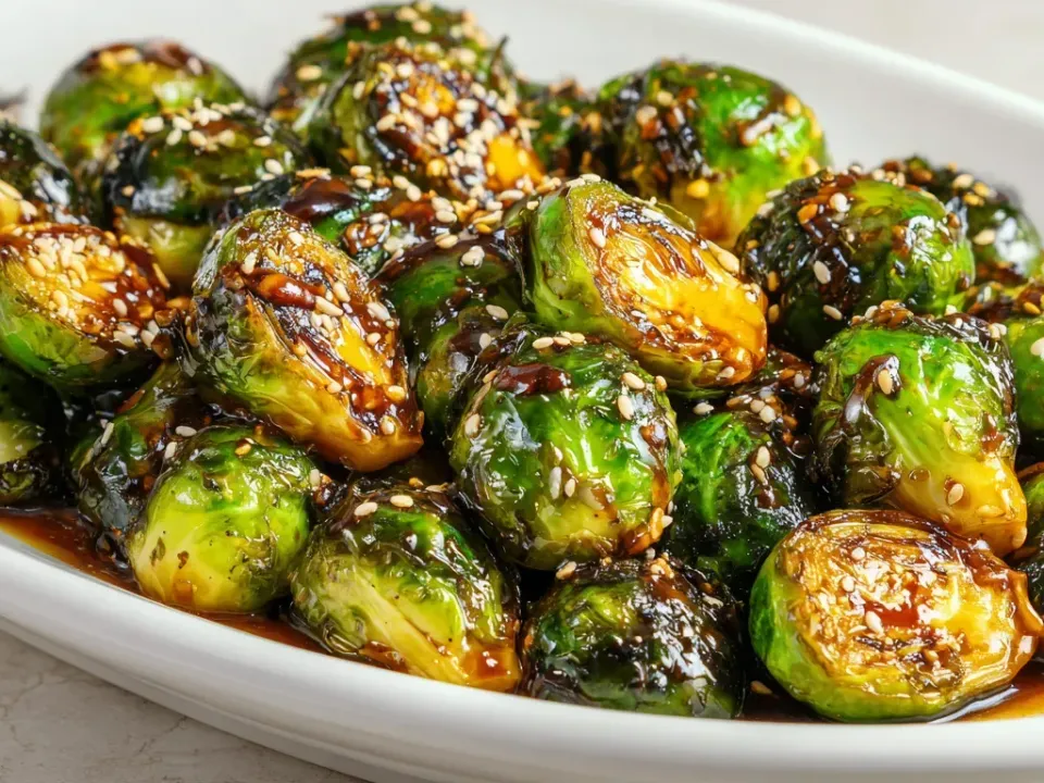Roasted Brussels sprouts coated in a dark glossy glaze with sesame seeds and sliced green onion