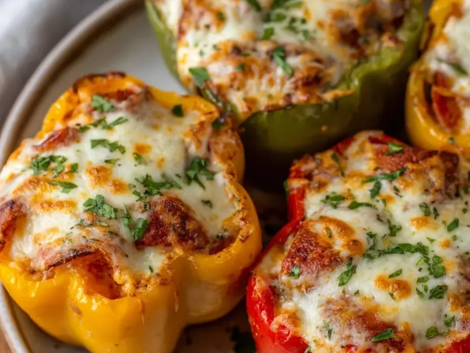 Bell pepper halves filled with a tomato-sauced creamy filling under bubbling browned mozzarella with herbs