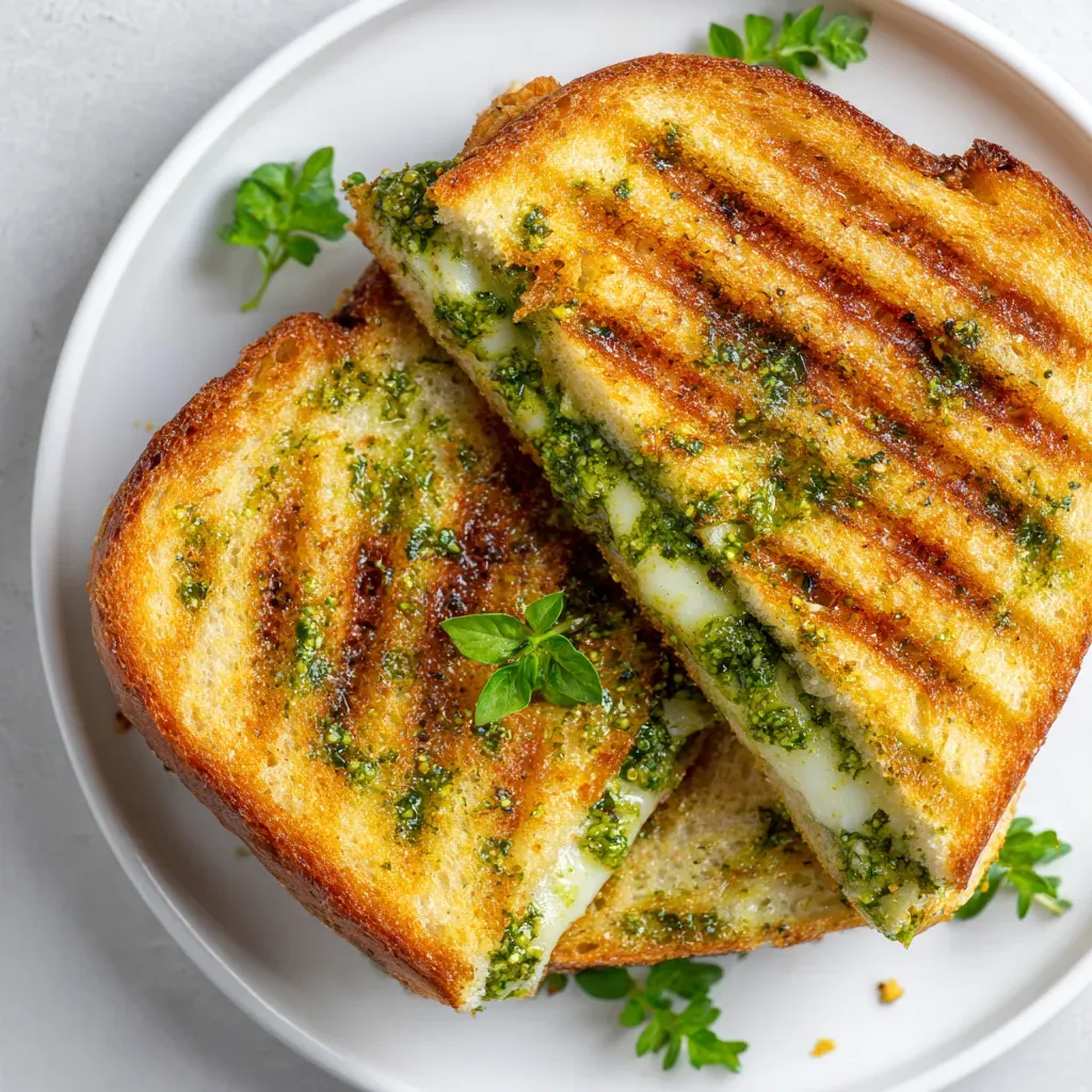 Overhead view of two grill-marked halves of a pesto grilled cheese sandwich with melted mozzarella, garnished with basil leaves on a white plate