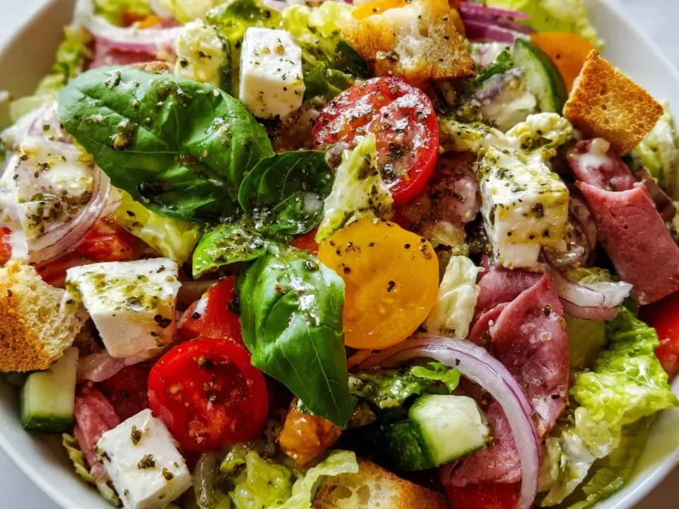 Chopped romaine with cherry tomatoes, cubed provolone, salami pieces, red onion, cucumber, basil leaves and large croutons