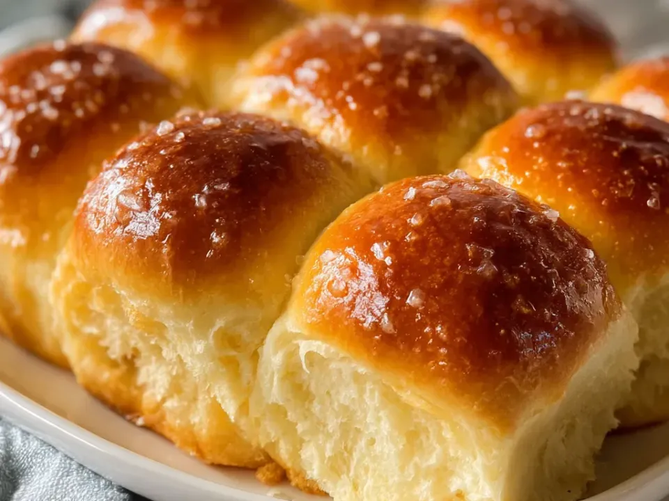 A tray of large golden pull-apart yeast rolls with glossy, well-browned tops and a soft white crumb