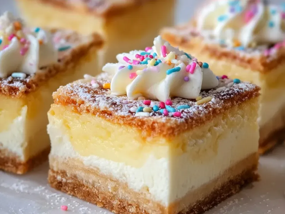 Square bars with a golden sugar-cookie base and top sandwiching a thick white cream-cheese centre, with piped whipped cream and rainbow sprinkles