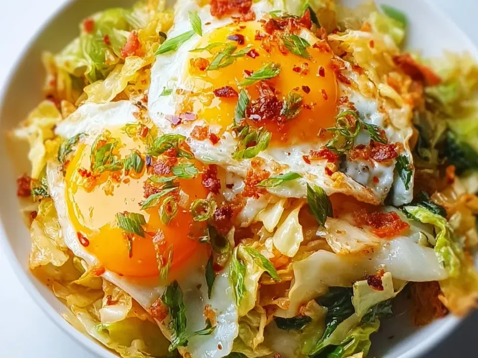 Sautéed shredded cabbage with browned edges, topped with two sunny-side-up eggs, bacon pieces, chili flakes and herbs