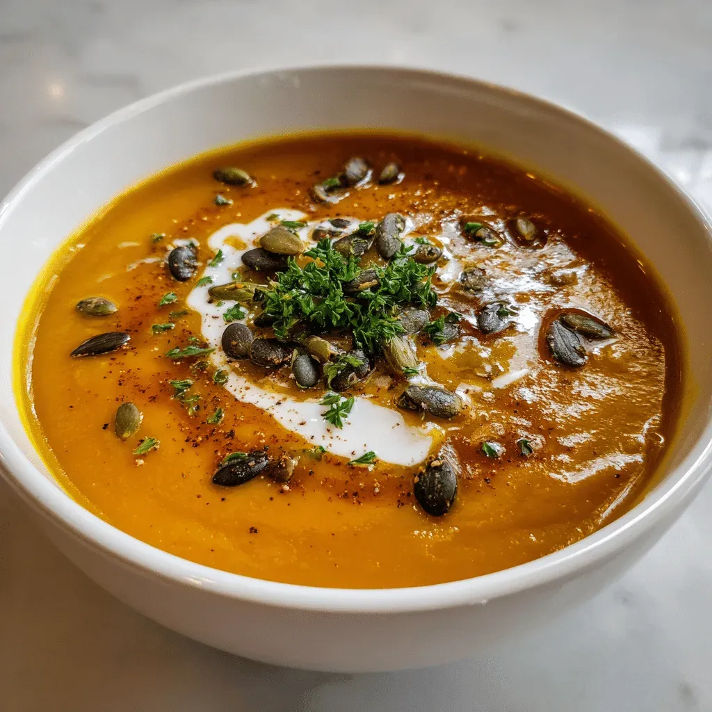 Bowl of smooth orange pumpkin butternut squash soup with a swirl of cream, toasted pumpkin seeds and chopped herbs