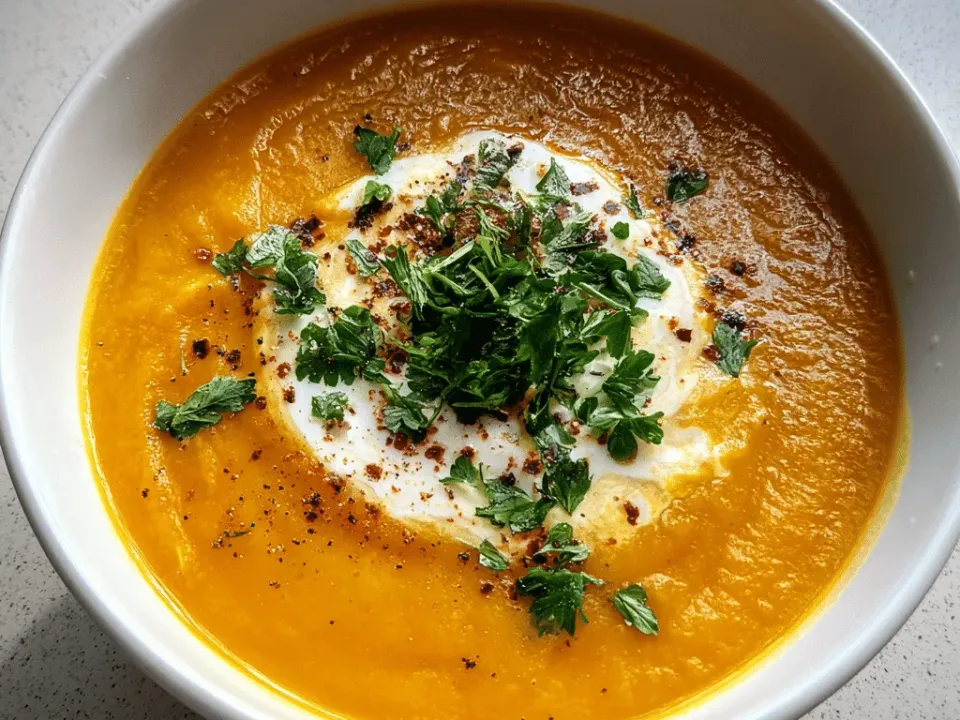 Pumpkin butternut squash soup with a cream swirl and herbs