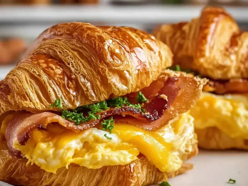 Split croissants filled with scrambled egg, melted cheese and bacon, with herbs scattered over