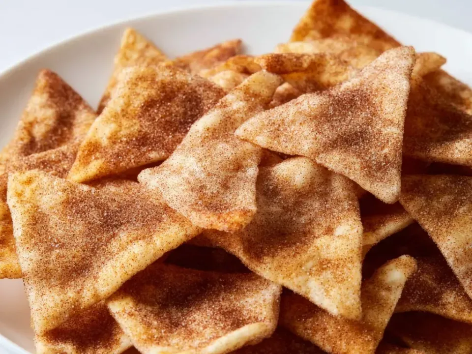 A plate piled with triangular tortilla chips coated in cinnamon sugar, crisp and lightly blistered