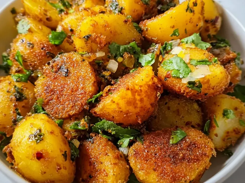 A bowl of golden potato chunks pan-fried with dark spice flecks, chopped cilantro and a few whole spices, dry rather than saucy