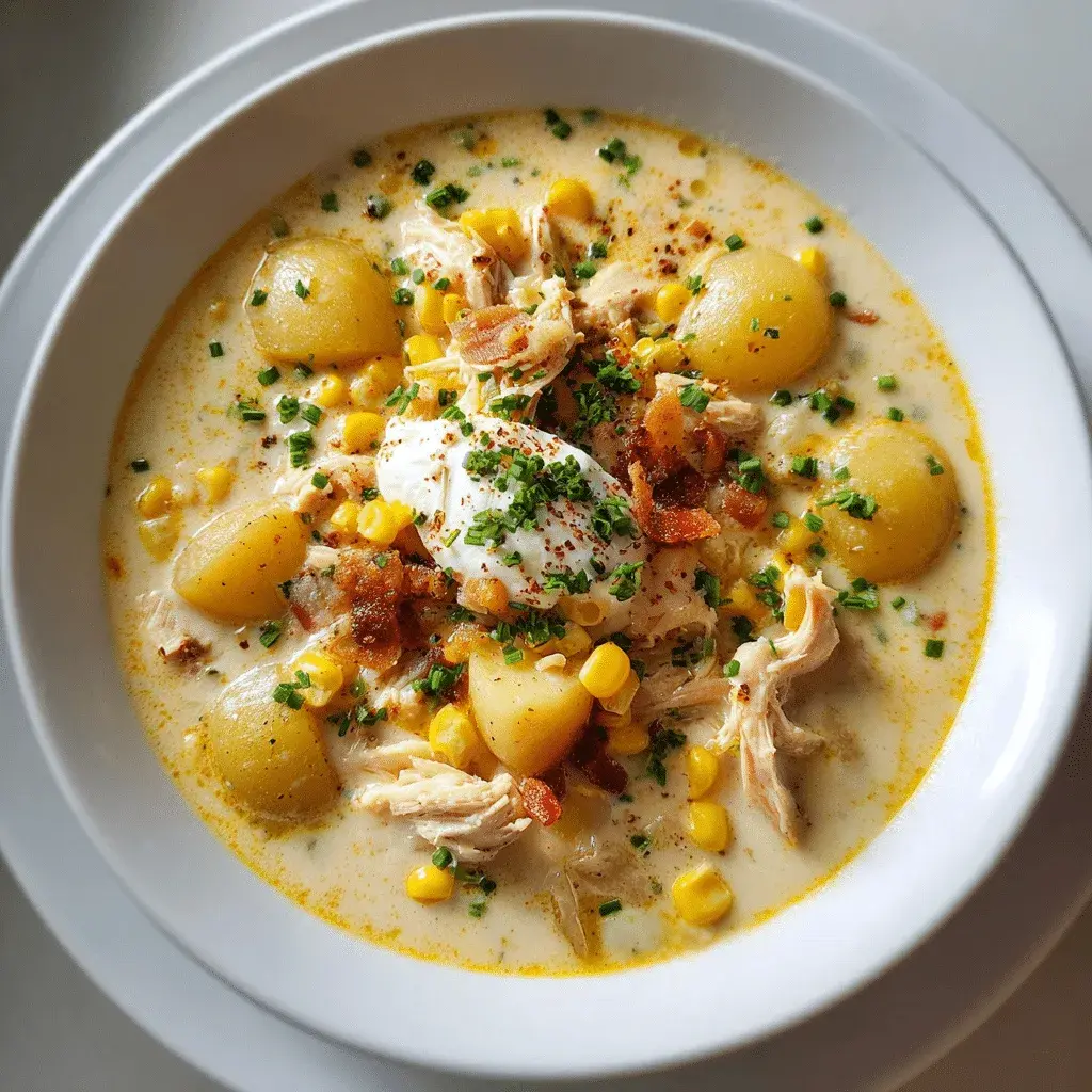 A white bowl of chicken corn chowder with shredded chicken, whole corn kernels, potato chunks and chopped chives