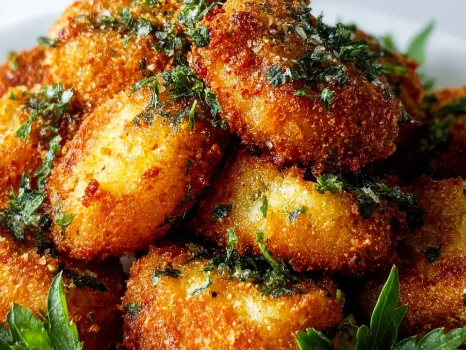 Flattened round chickpea fritters with a coarse golden crust, scattered with chopped herbs and parsley leaves