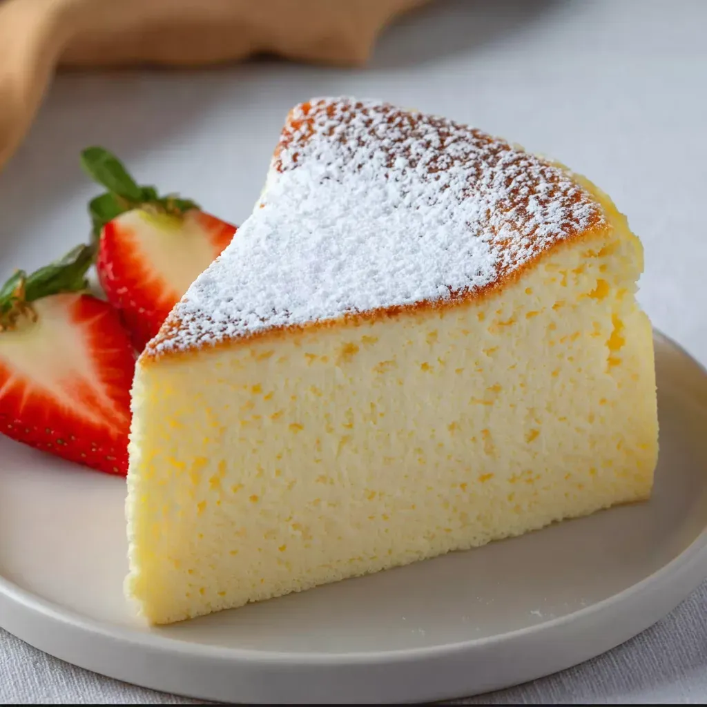 Wedge of light, fluffy Japanese-style cheesecake dusted with powdered sugar, with fresh strawberries on the plate