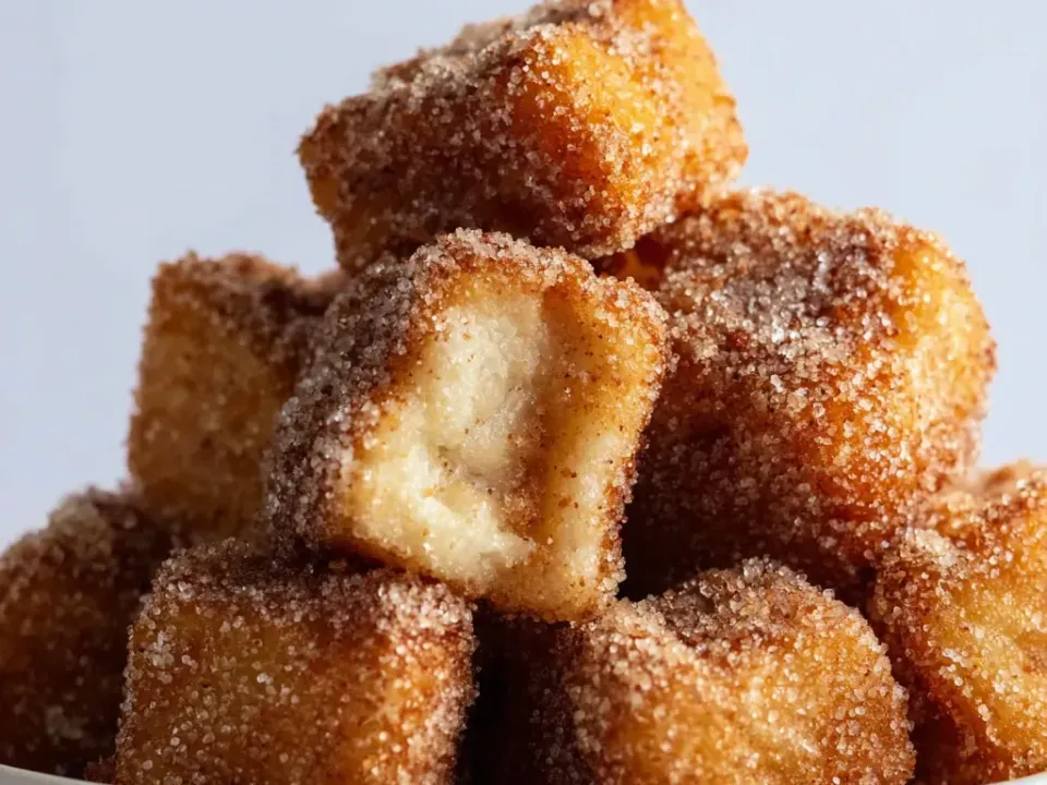 Cubes of pale angel food cake crisped and rolled in cinnamon sugar, piled in a bowl