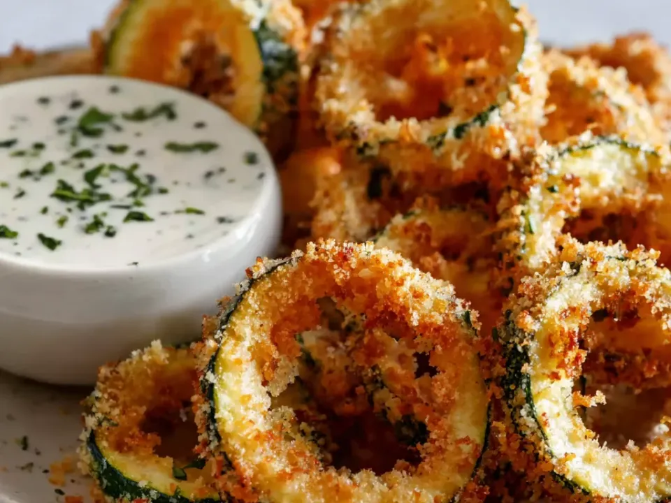 Crumb-coated zucchini rings fried golden, piled beside a small bowl of white creamy dip with herbs