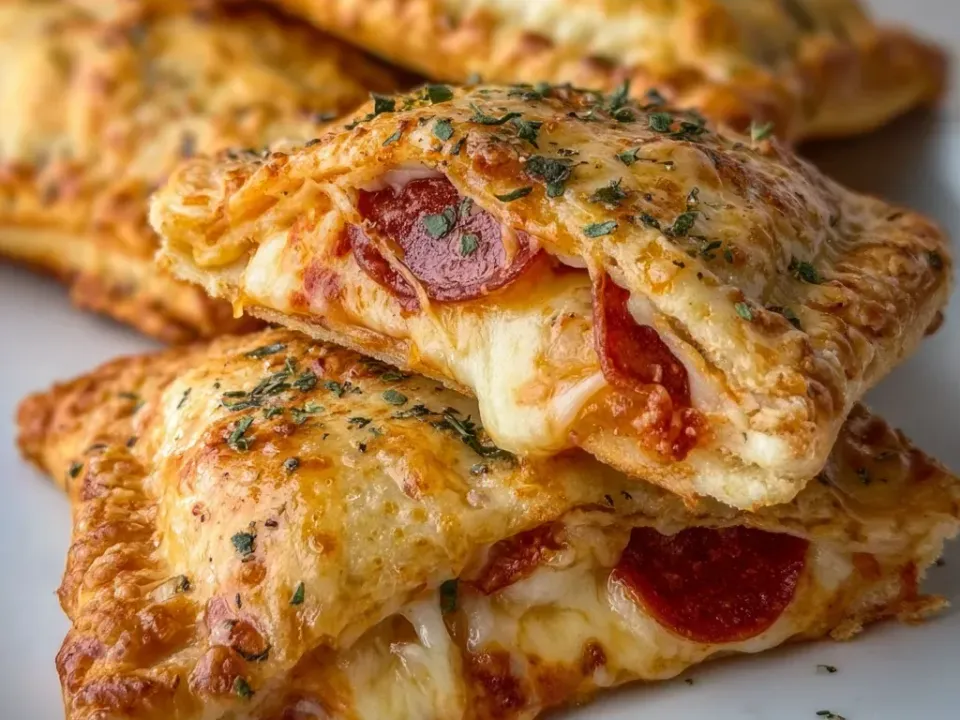 Golden crimped pastry pockets, one cut open to show pepperoni and melted mozzarella, brushed with a herb-butter top