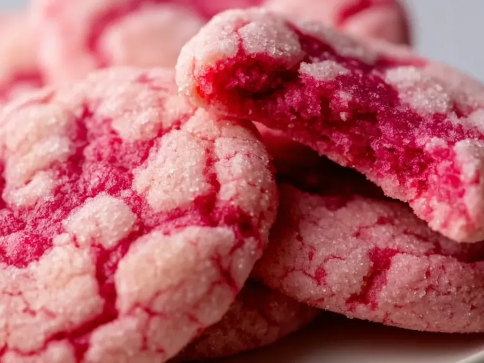 Bright pink crackled cookies rolled in sugar, one broken open to show a dense pink crumb