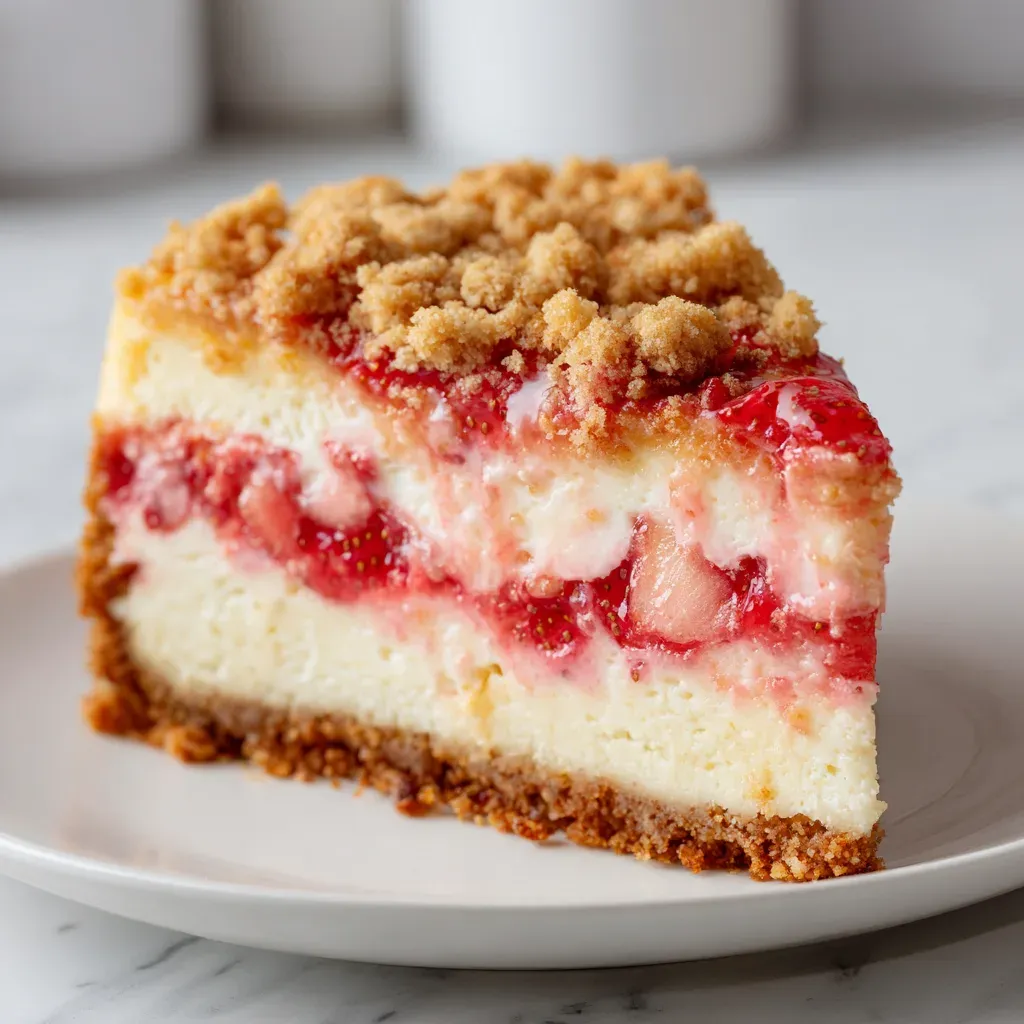 Slice of strawberry cheesecake with a cookie crust, strawberry layers and a crumb topping on a white plate