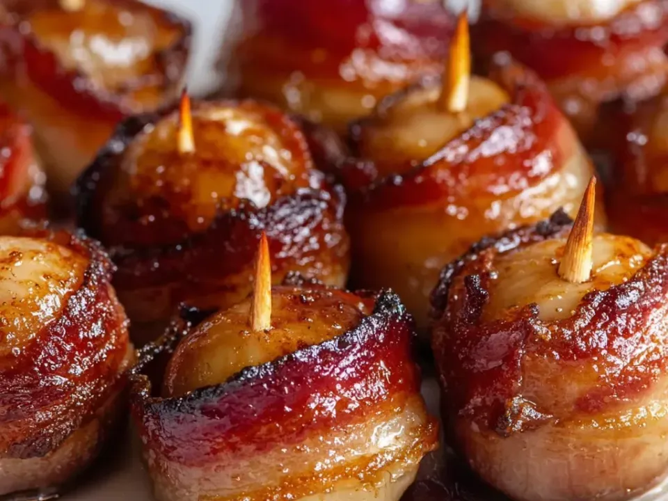 Water chestnuts wrapped in glossy caramelised bacon, secured with toothpicks, in a sticky dark glaze
