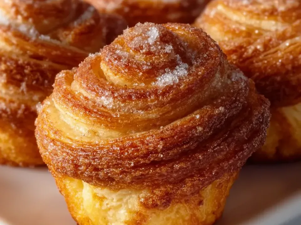 Tall laminated pastries baked in muffin cups with visible spiral layers, sugared tops and a flaky open structure