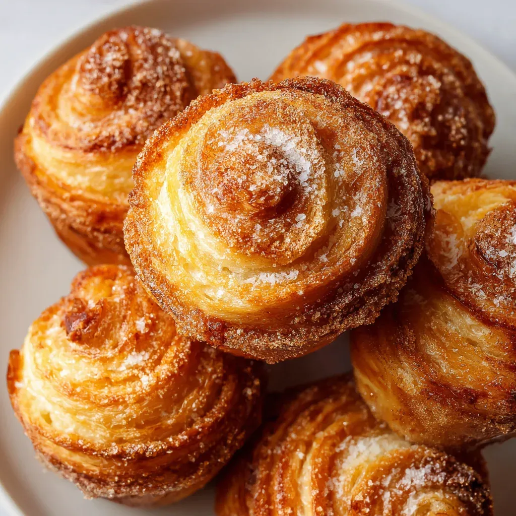 Overhead view of spiral cinnamon sugar cruffins with flaky caramelised layers on a white plate
