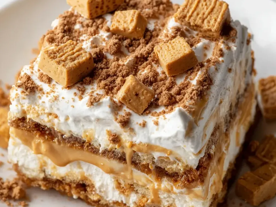 A square of layered no-bake dessert with a pale crumb base, a peanut butter layer, a white whipped layer and a crumb-and-square topping over more whipped cream