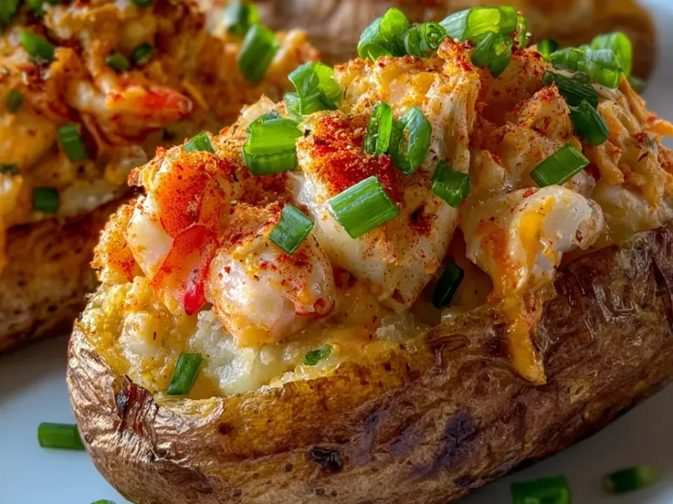 A split baked russet potato loaded with shrimp and crab in a creamy cheese sauce, dusted with seasoning and scattered with green onion