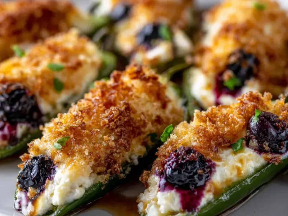 Halved jalapeños filled with a white cheese mixture studded with dark blueberries, topped with browned panko crumbs and chopped herbs