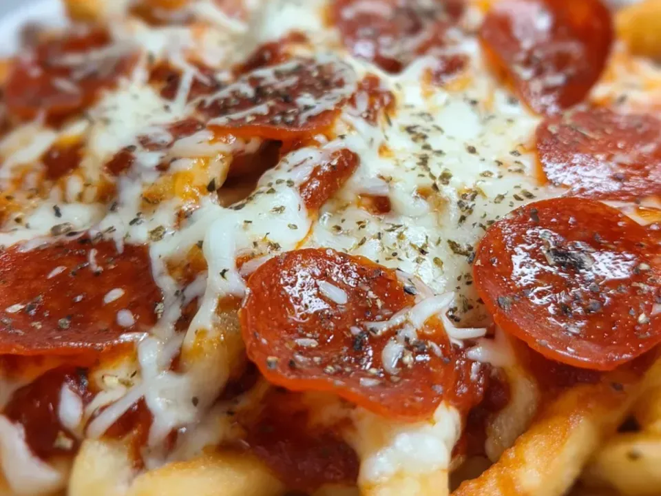A plate of fries covered in melted mozzarella, pepperoni slices, dried oregano and a red sauce