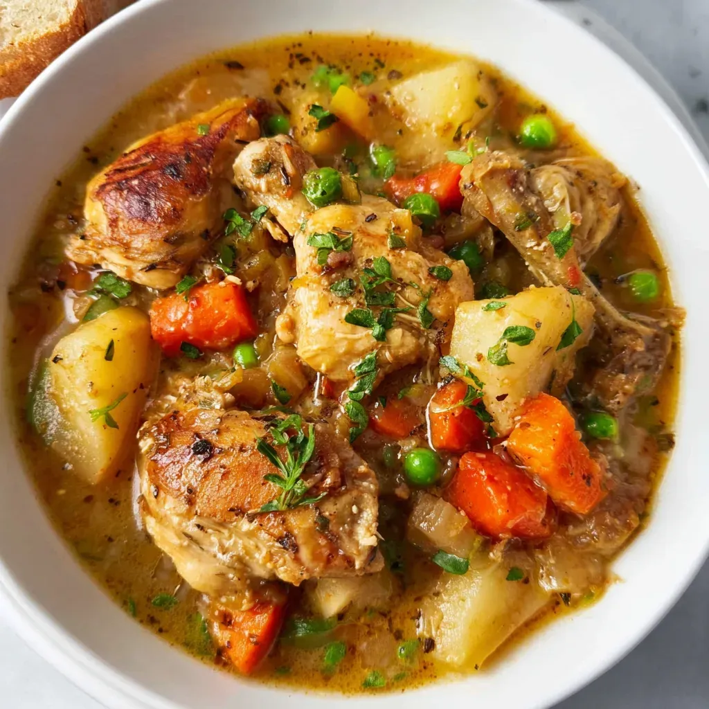 Overhead view of chicken stew in a white bowl with browned chicken pieces, potato chunks, carrots, peas and fresh herbs, with a slice of bread beside the bowl