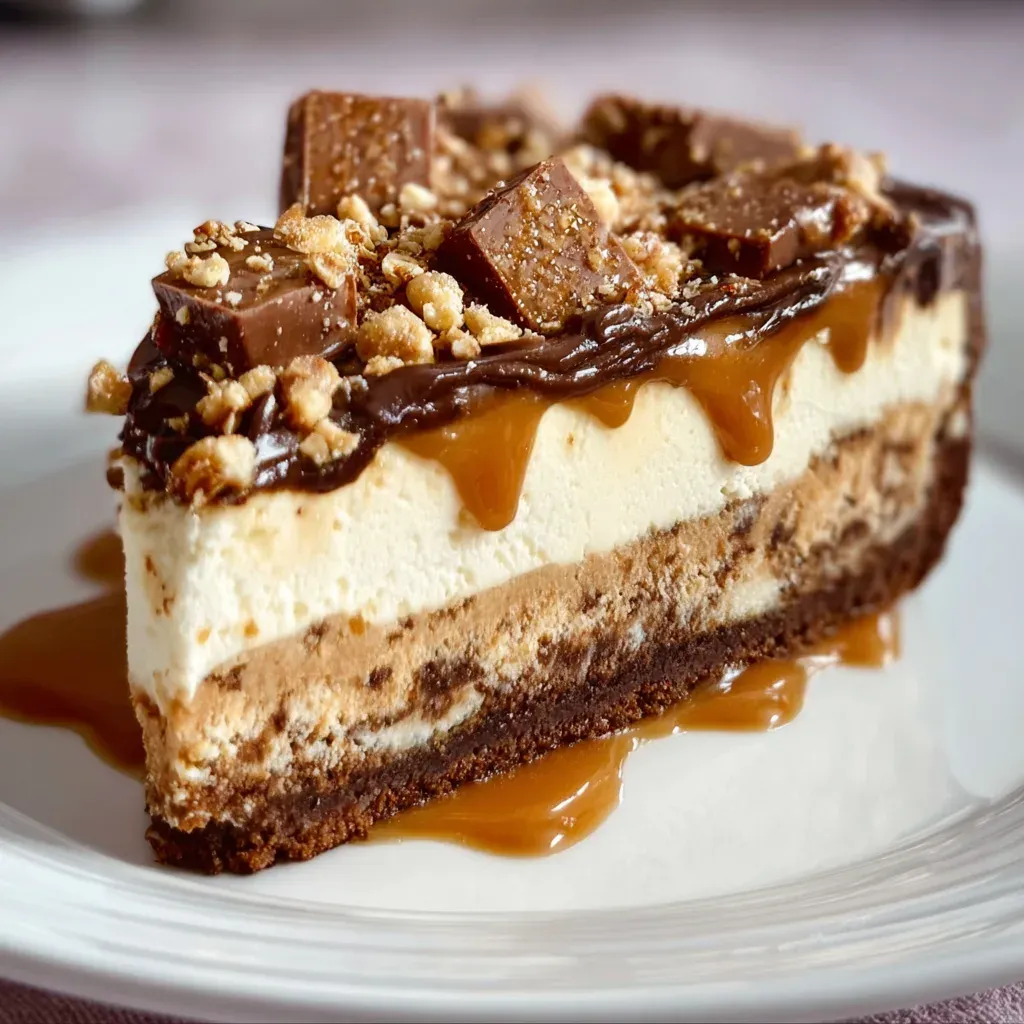 Slice of cheesecake on a chocolate cookie crust, topped with chocolate ganache, toffee pieces and caramel sauce