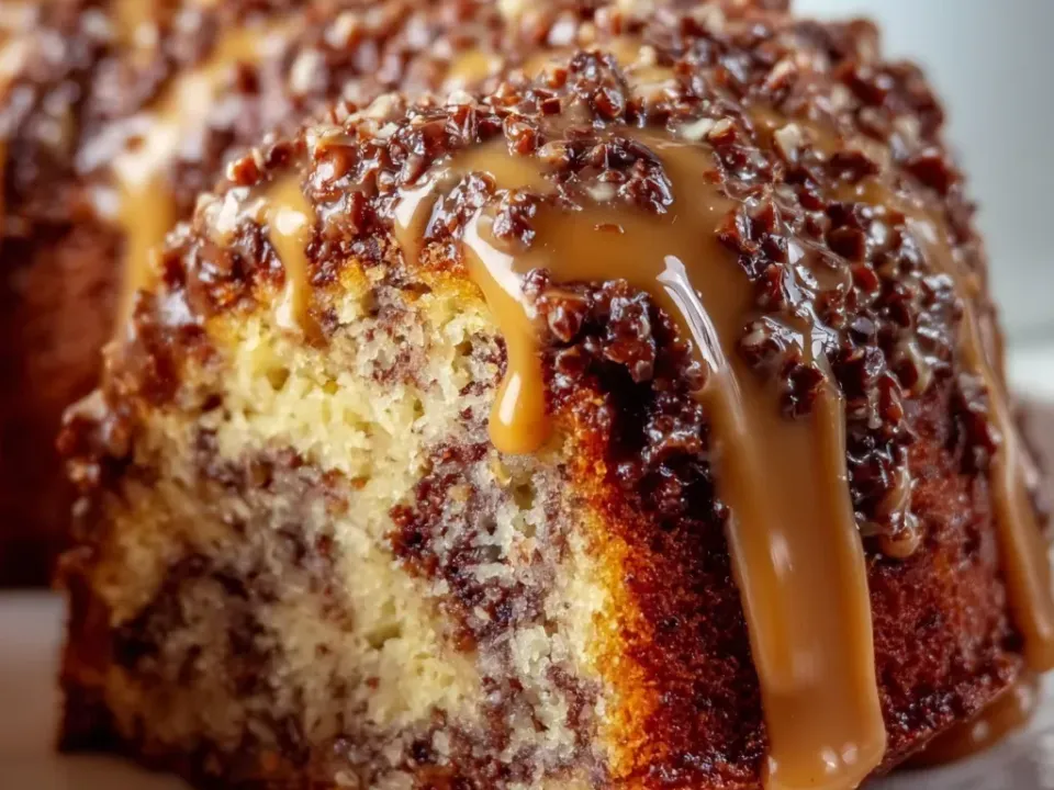 A slice of pound cake marbled with chocolate and vanilla, crusted with chopped nuts and dripping with an amber caramel glaze