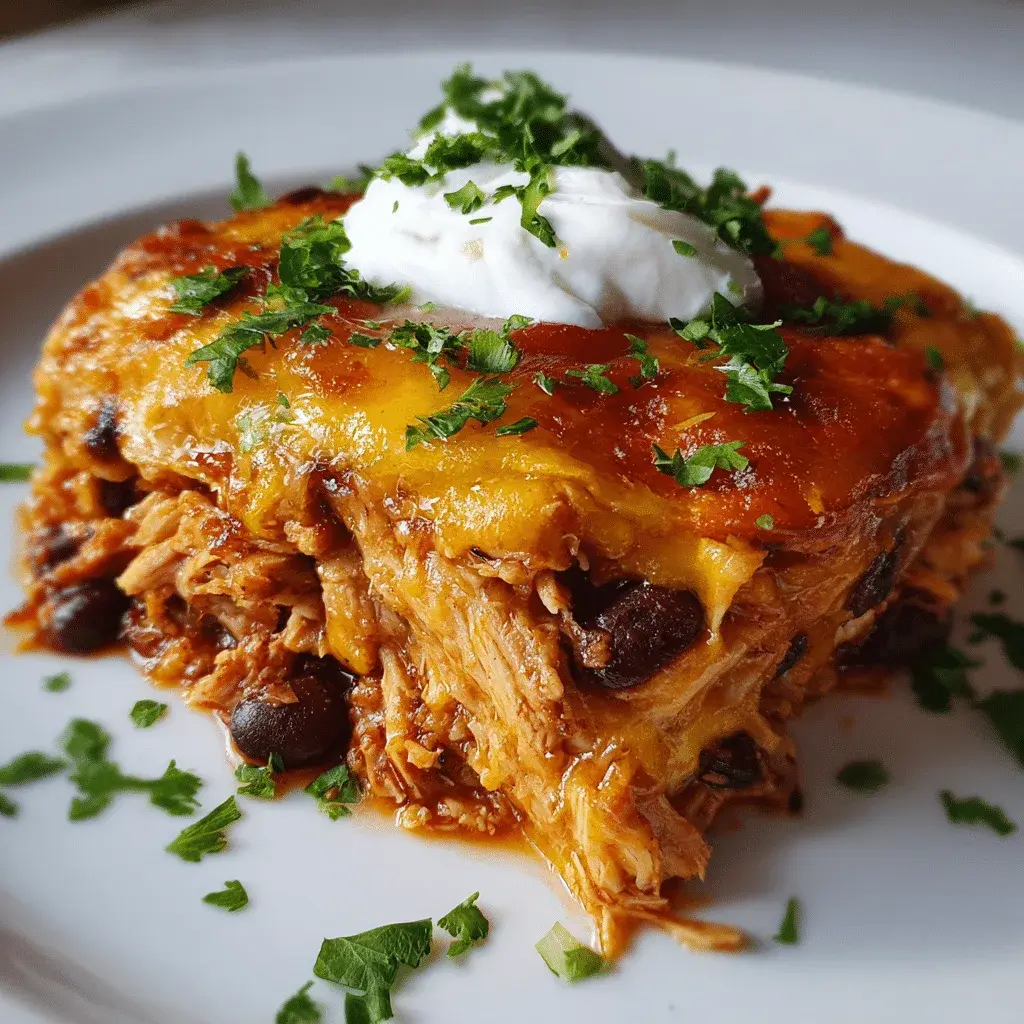 A slice of shredded chicken enchilada casserole in red sauce with black beans and melted cheese, topped with sour cream and cilantro on a white plate