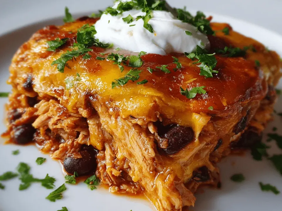 A slice of shredded chicken enchilada casserole in red sauce with black beans and melted cheese, topped with sour cream and cilantro on a white plate