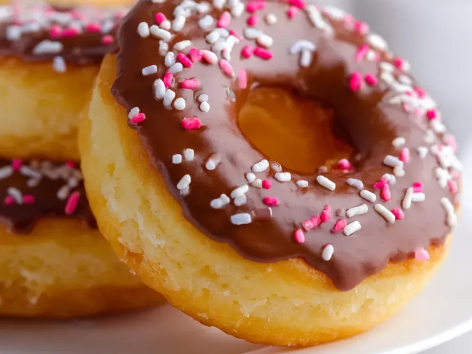Ring donuts with a pale soft crumb, one topped with chocolate glaze and pink and white sprinkles, stacked on a plate