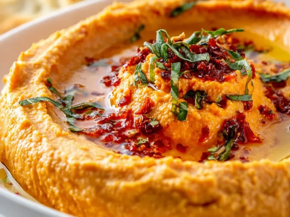 A wide bowl of thick orange-red hummus with a swirled well holding olive oil, chili flakes and herbs