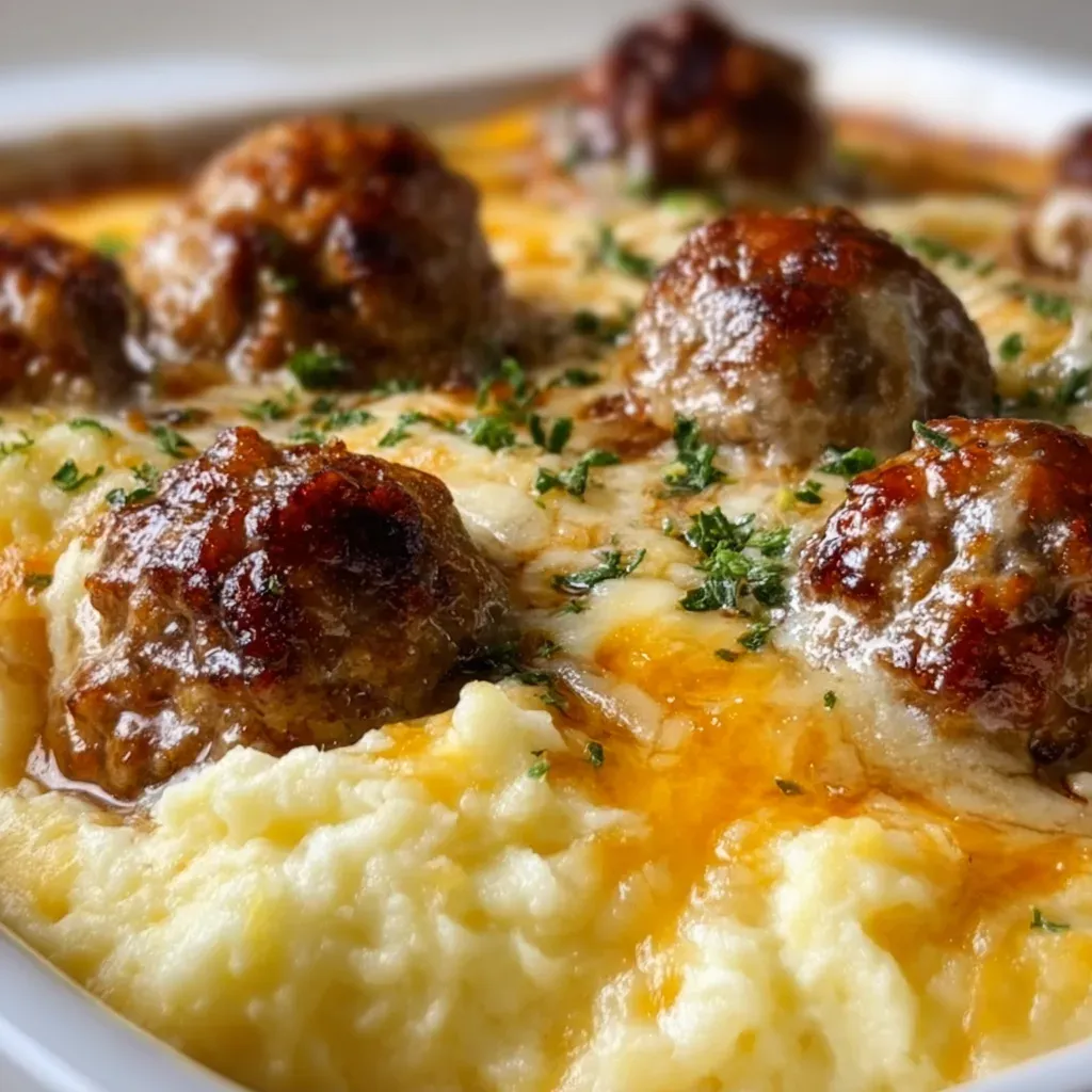 Close-up of browned meatballs baked into creamy mashed potatoes under melted cheese, sprinkled with chopped parsley