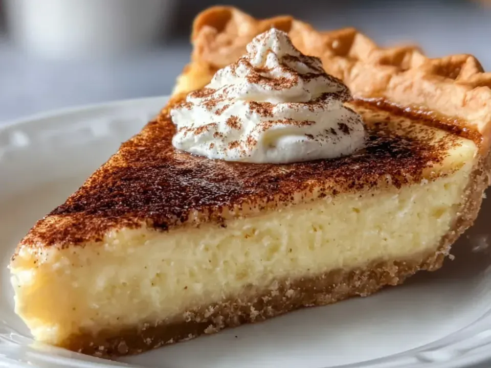 A slice of custard pie with a pale set filling, a dark cinnamon-dusted top, a crimped pastry crust and a dollop of whipped cream with cinnamon