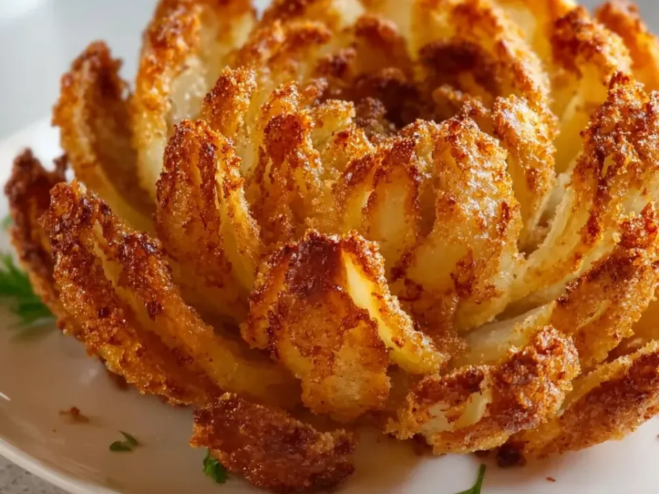 A whole onion cut into petals, breaded and cooked until deep golden and crisp, opened into a flower on a plate