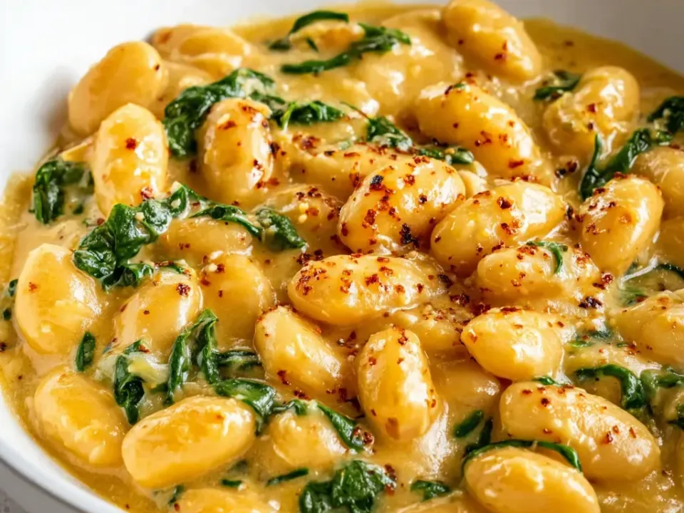 A skillet of plump butter beans in a glossy pale sauce with wilted spinach and chili flakes
