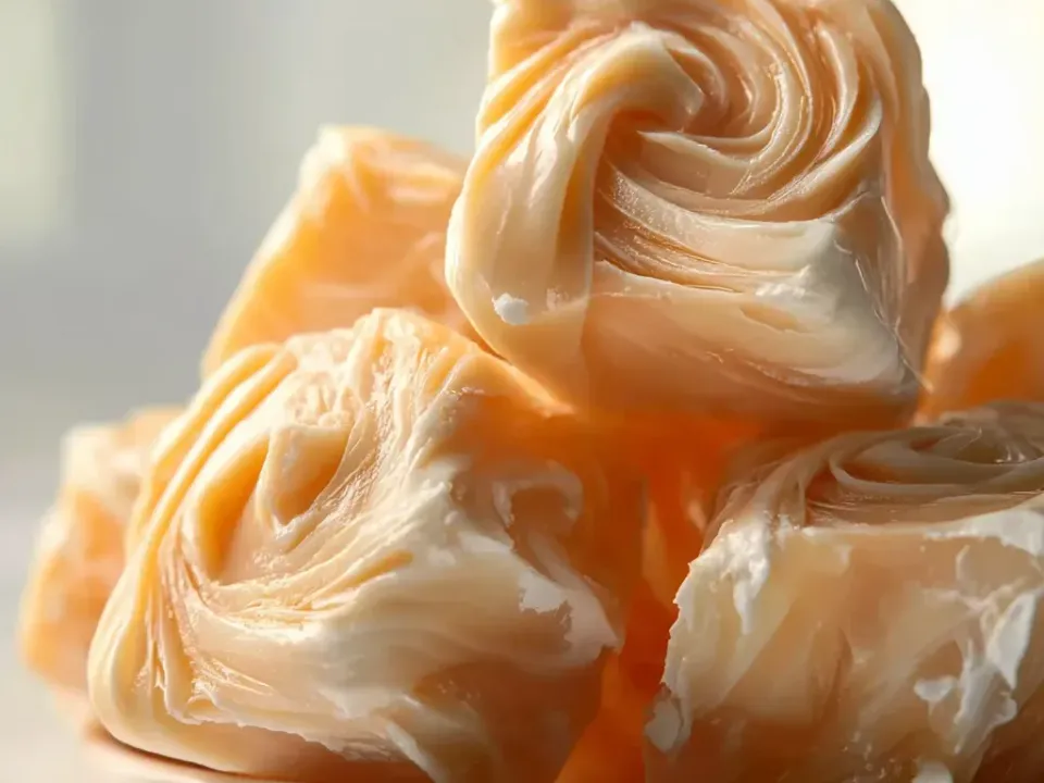 Glossy pale caramel-coloured pieces of pulled cream candy with a satin sheen and folded ridges, on a plate