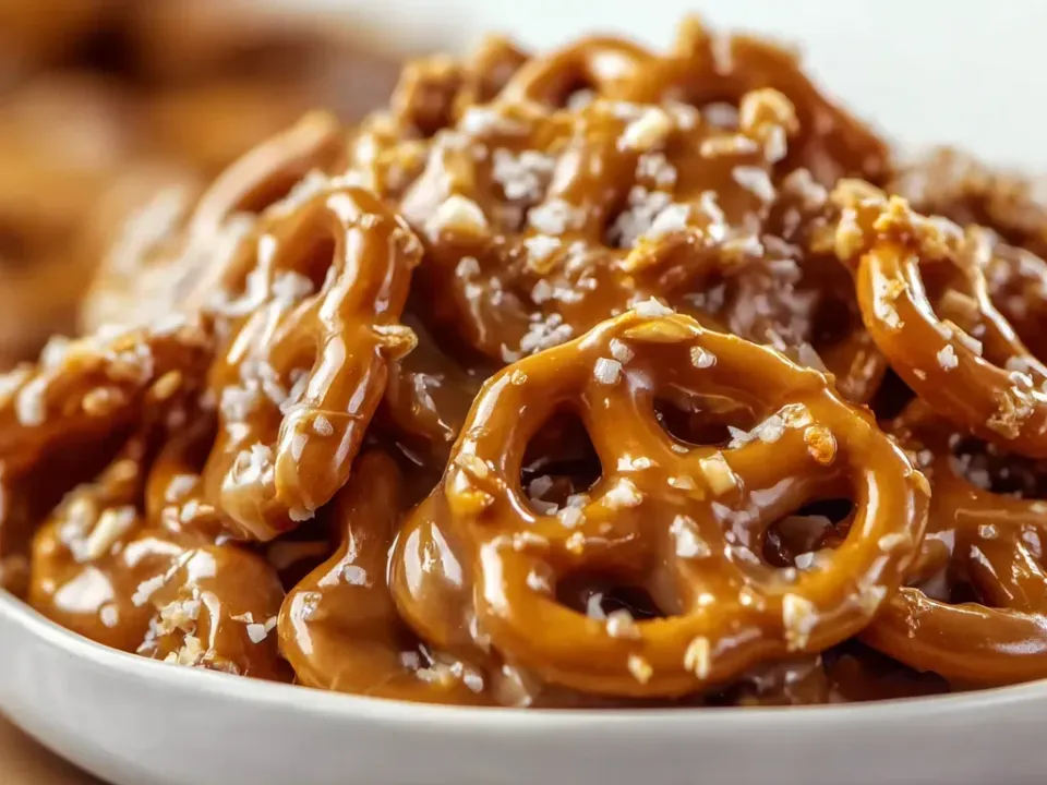 Mini pretzel twists coated in a glossy amber butter toffee with a sprinkle of flaky salt, piled in a white bowl