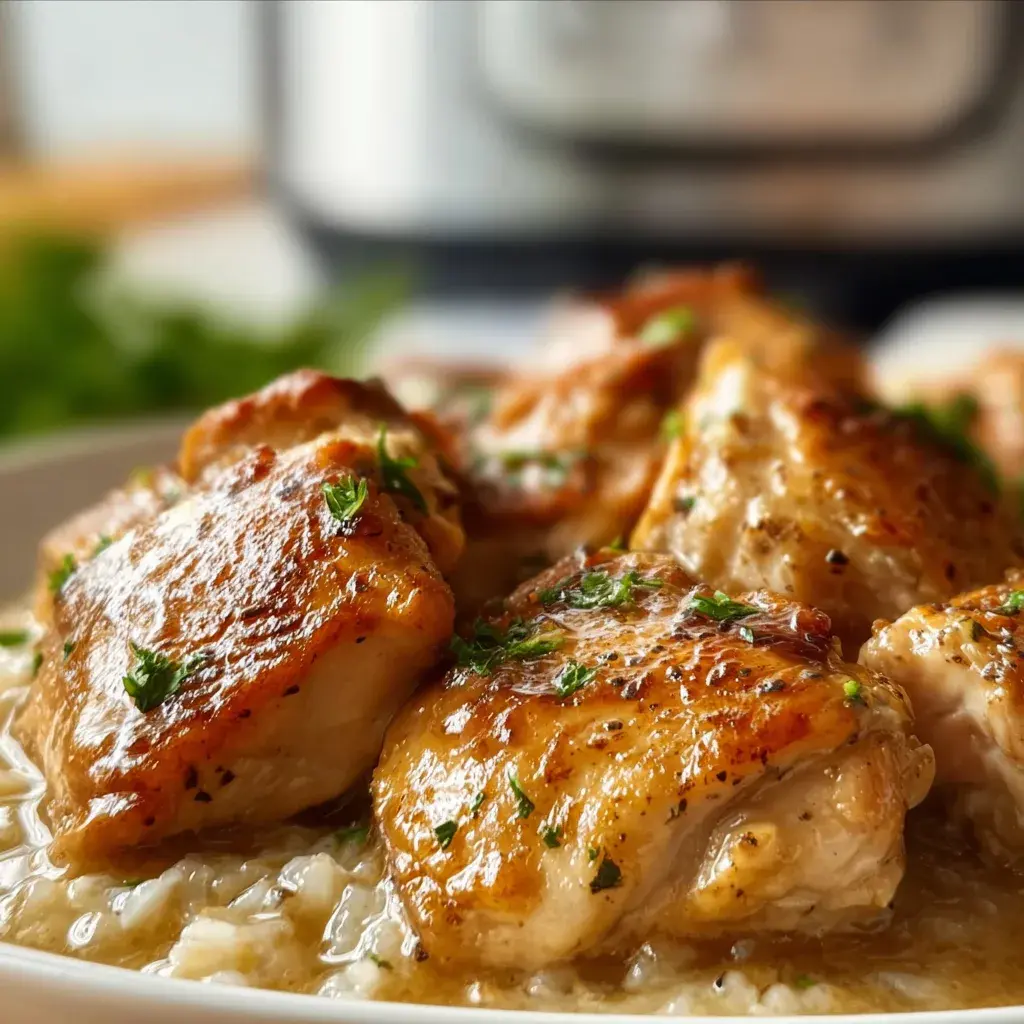 Golden browned chicken thighs on creamy white rice, with a kitchen appliance blurred in the background