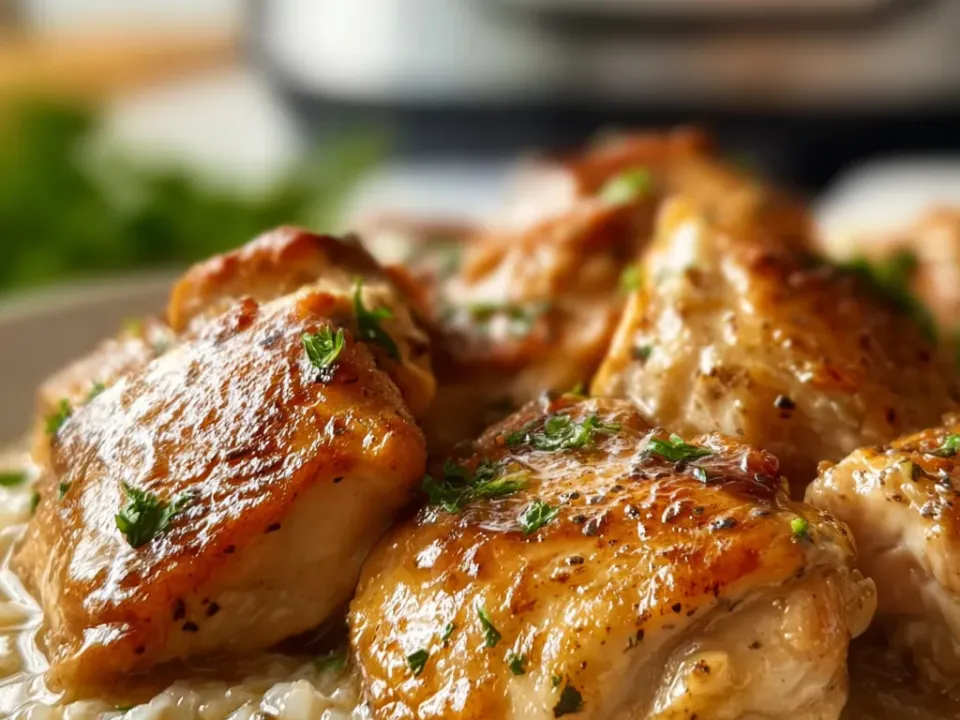 Golden browned chicken thighs on creamy white rice, with a kitchen appliance blurred in the background