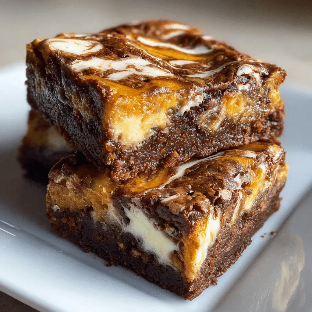 Two stacked pumpkin cream cheese brownies with a marbled chocolate top on a white plate