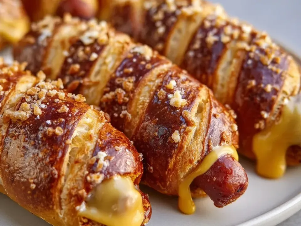 Pretzel dough wrapped in strips around hot dogs, baked deep brown with coarse salt and melted orange cheese oozing from the ends
