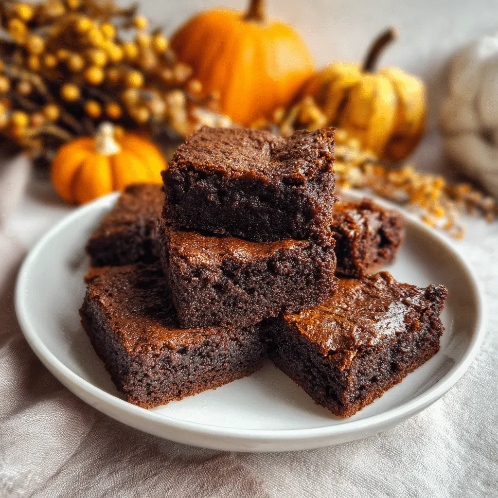 Freshly baked gluten free pumpkin brownies on a fall-themed wooden table