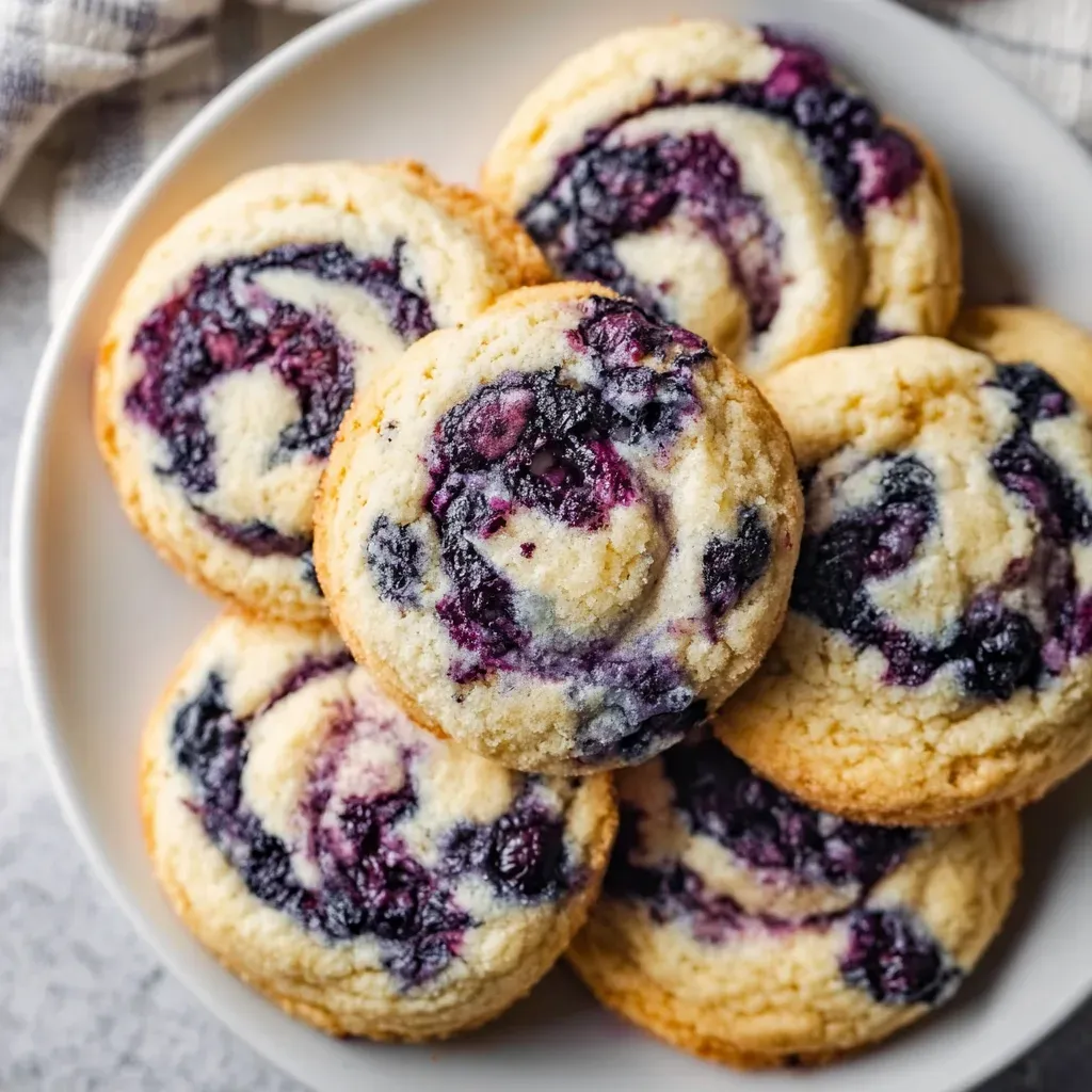 Overhead view of round cookies swirled with purple blueberry compote on a white plate