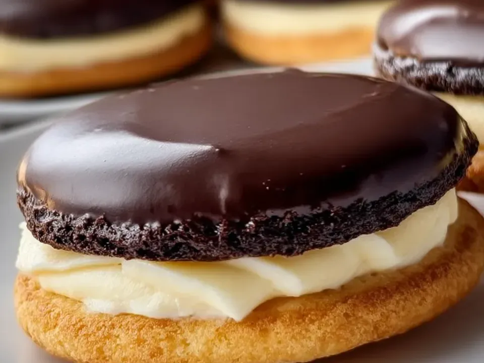 Sandwich cookies of two soft golden cookies with a thick pale vanilla custard filling and a glossy chocolate ganache top